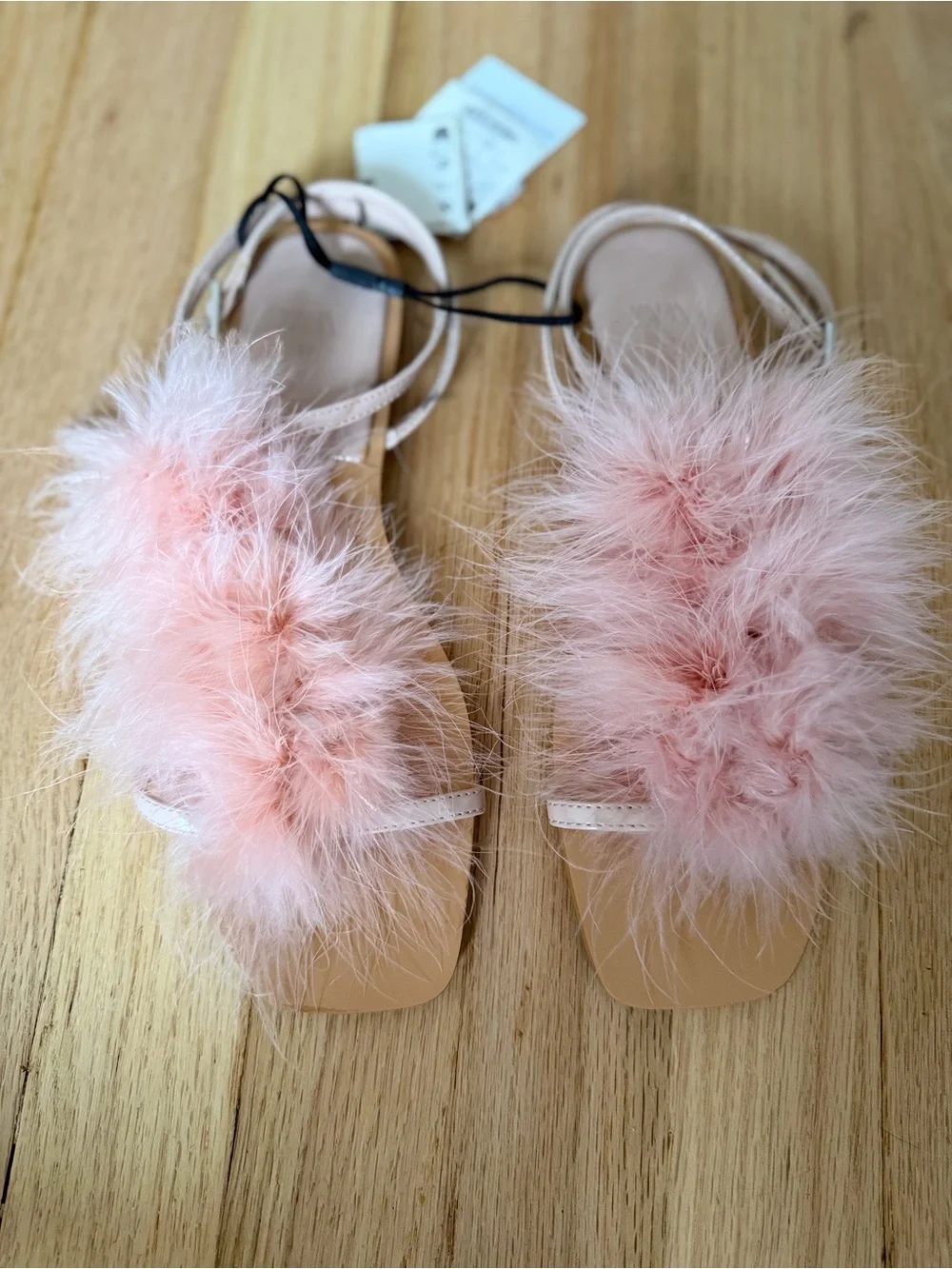Blush Pink Feather-Trim Slide Sandals - Picture 2 of 8